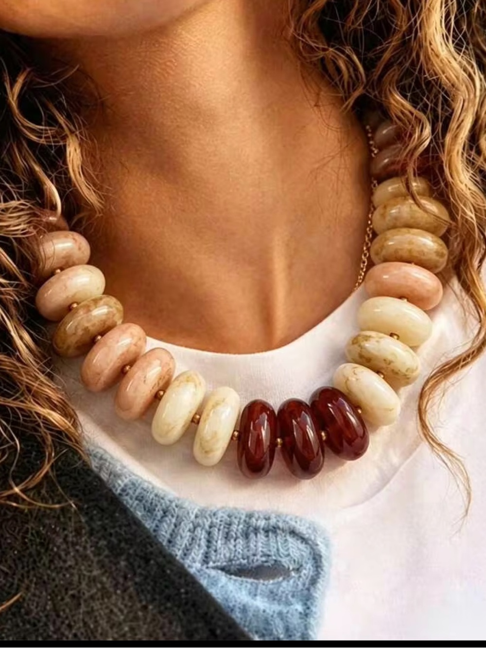 New! Colorblock Dopamine Resin Beaded Chunky Neutral Choker Statement Necklace